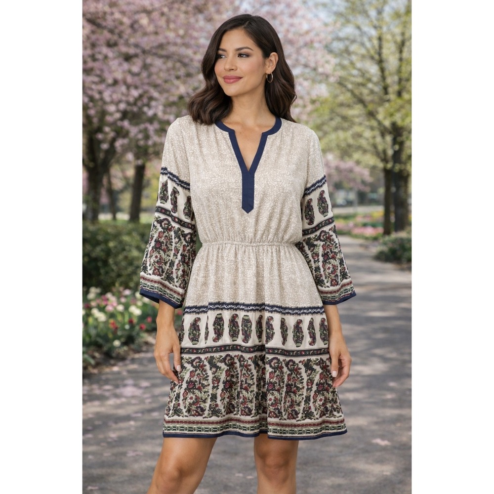 Entro Medium Floral Paisley Dress V Neck 3/4‎ Sleeve Boho (D354)